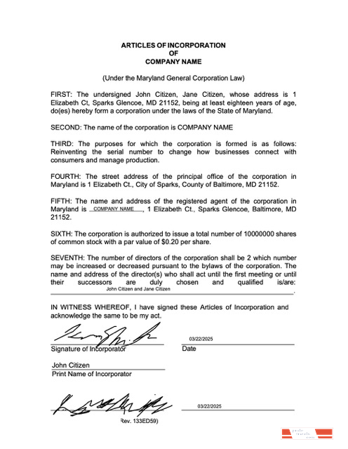 USA Maryland articles of incorporation Word and PDF template